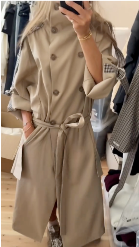 Beige Double - Breasted Trench Coat with Plaid Cuff Detail