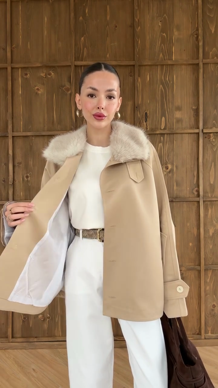 Beige Faux Fur Collar Coat