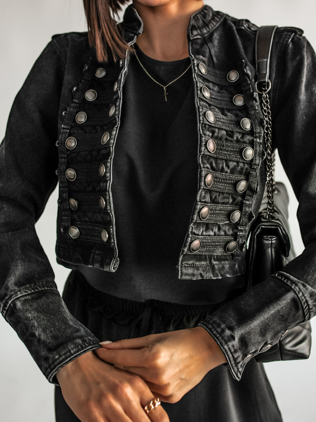 Black Denim Military Style Jacket