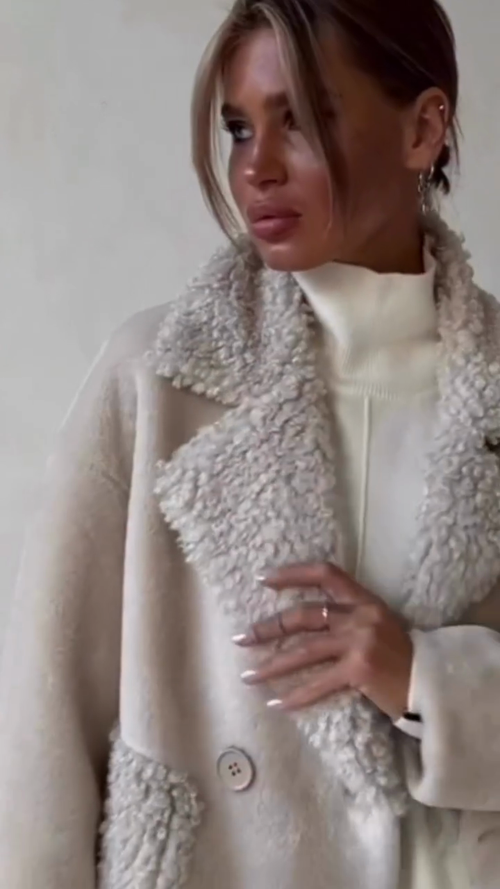 Cream Sherpa Trim Double-Breasted Coat