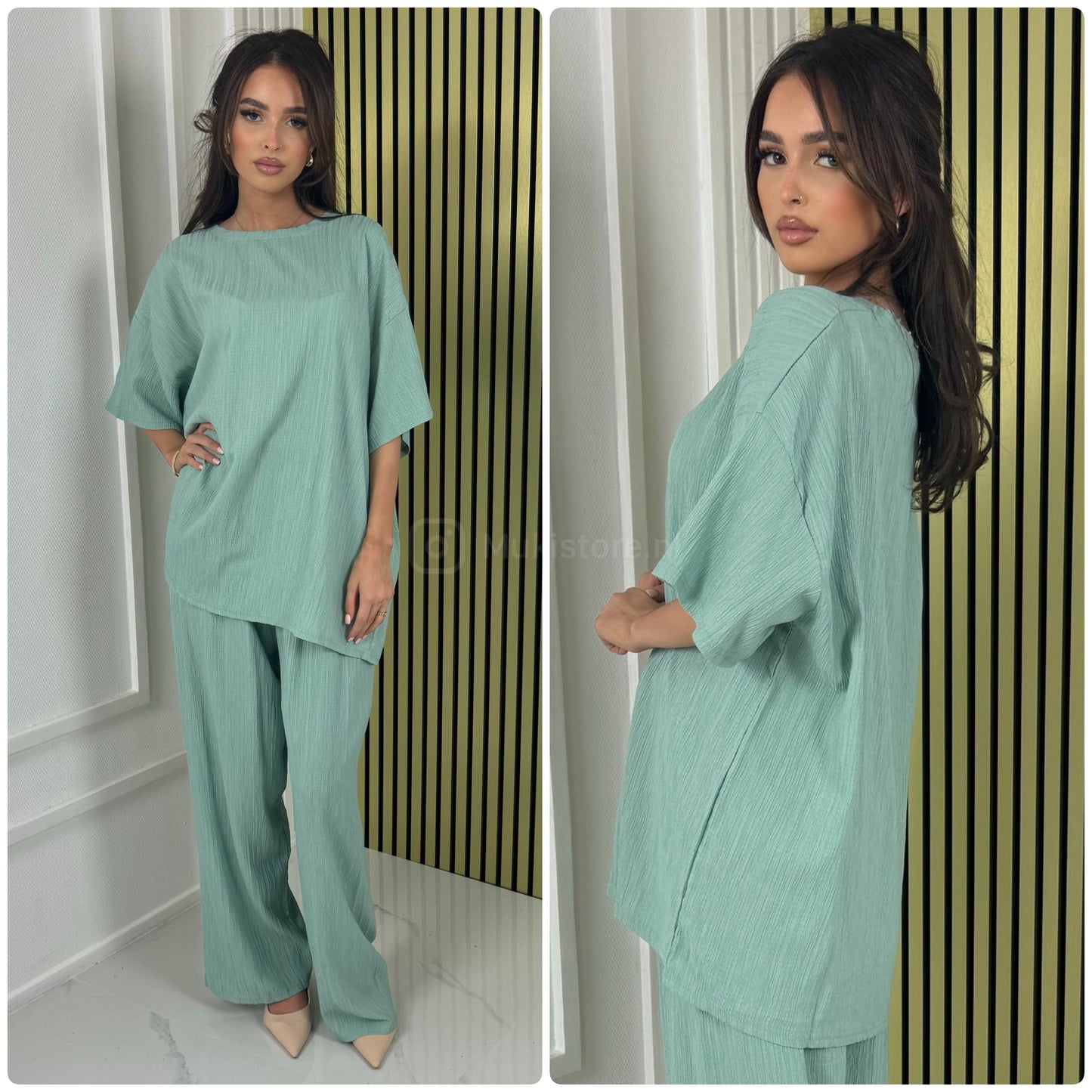 Half Sleeves Stripe Material Basic Wide Leg Set