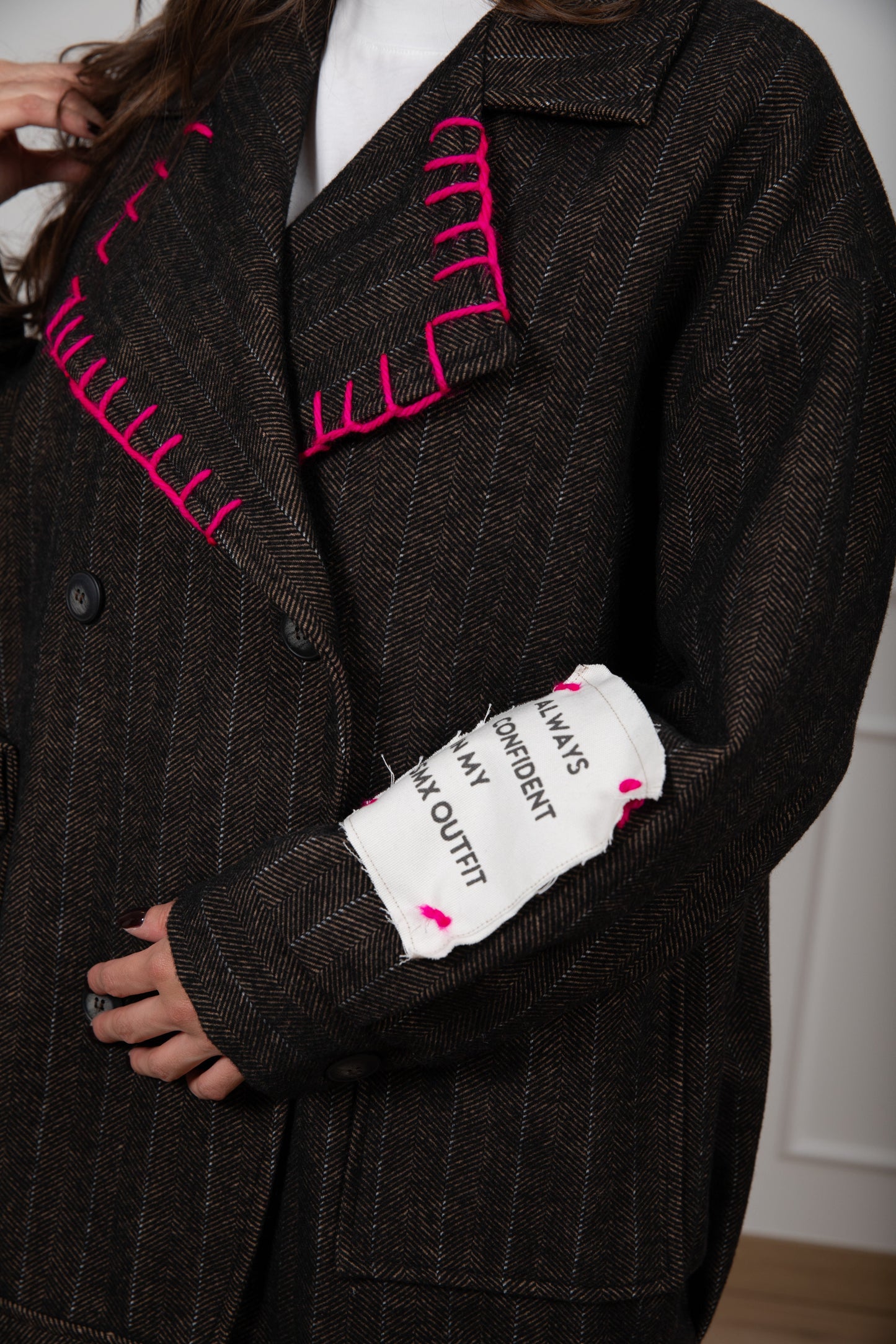 Slogan Patch Herringbone Coat