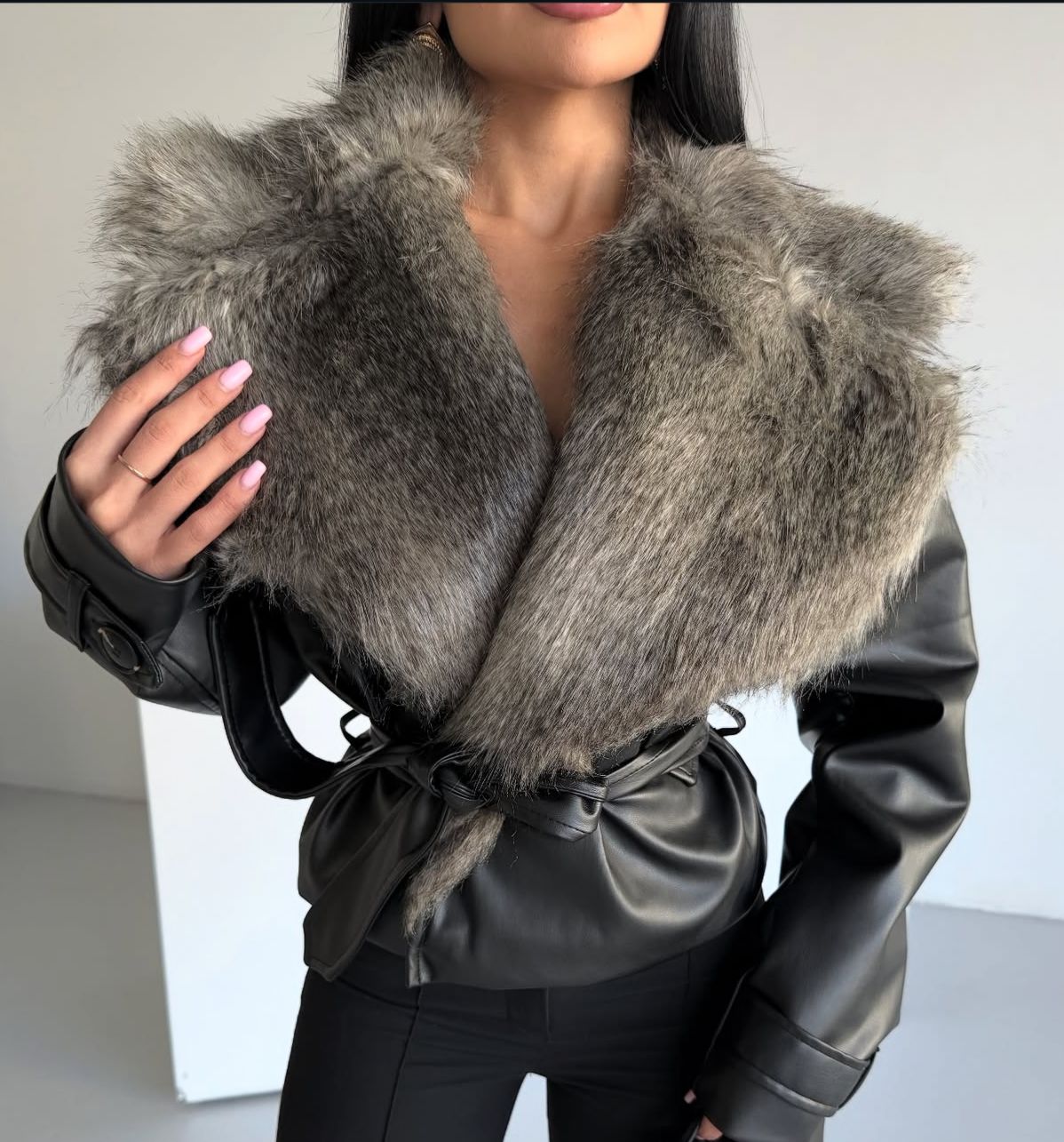 Fur Details Premium Leather Jacket