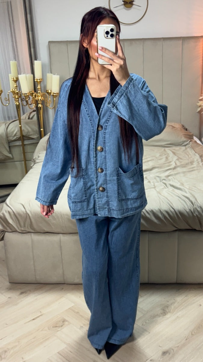 Button Denim Blouse Set