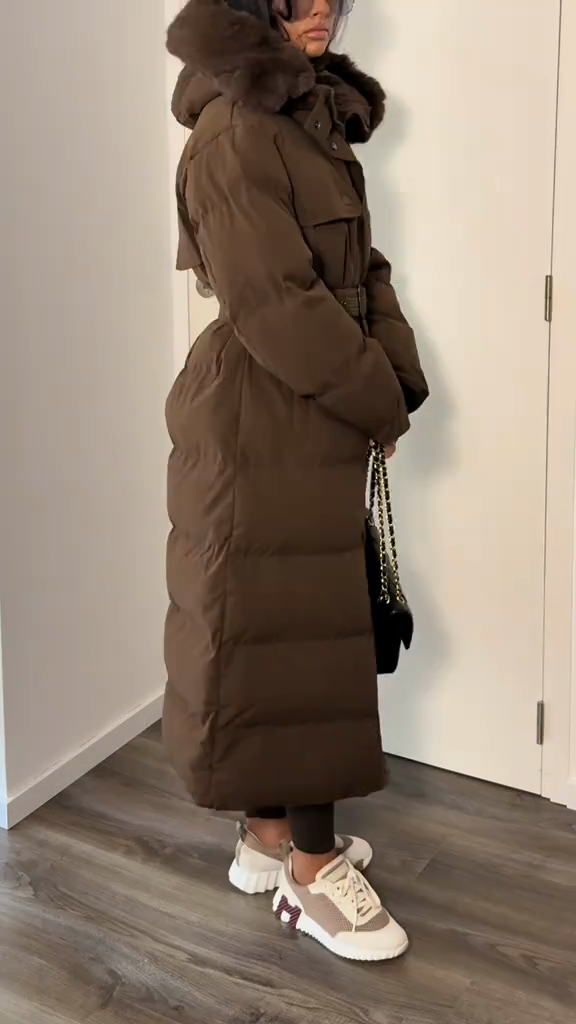 Brown belted down jacket