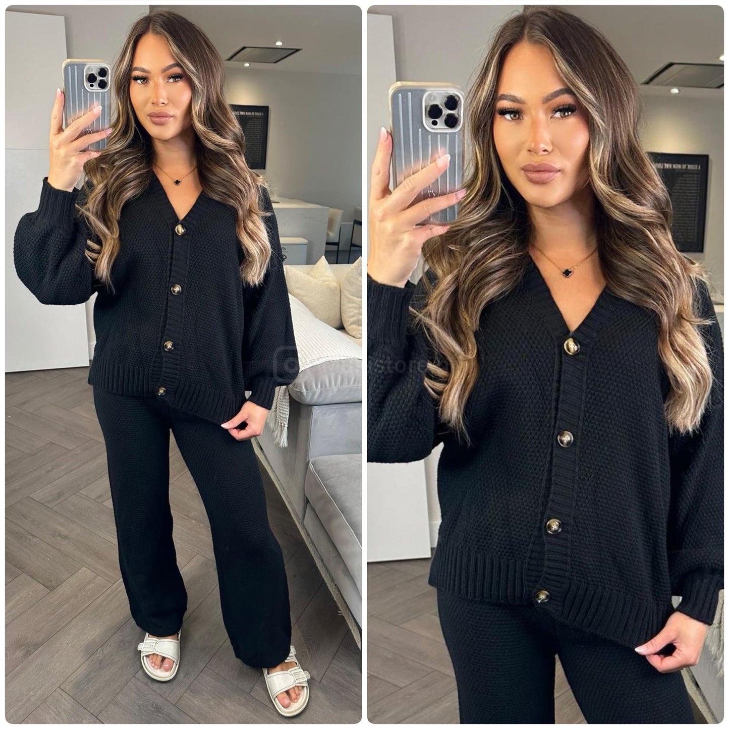 Knitwear V Neck Four Button Wide Leg Set