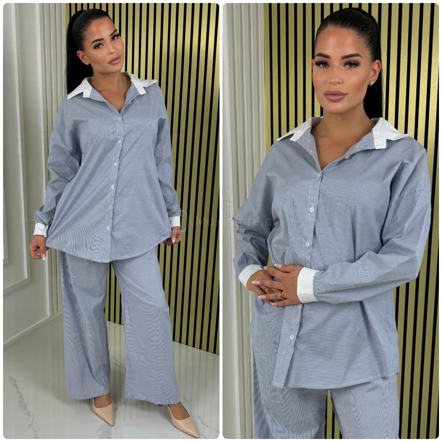 White Detail Blouse Stripes Set