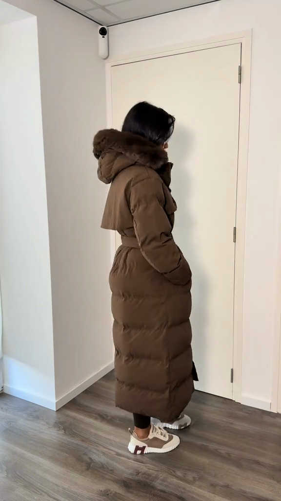 Brown belted down jacket