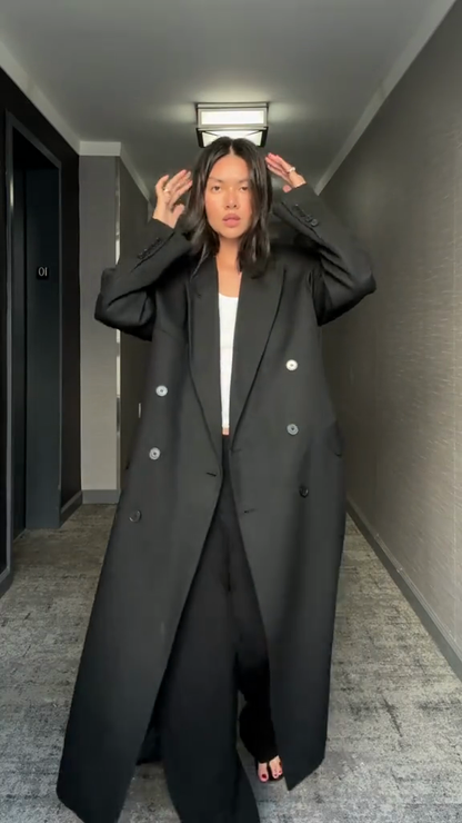 Black double-breasted maxi coat