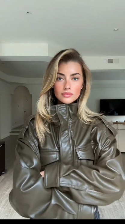 Olive Green Leather Worker Jacket