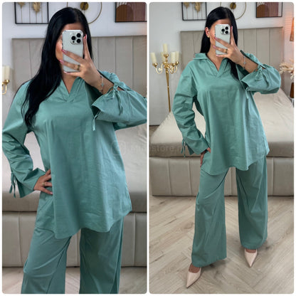 Two-Pieces Set V Neck Slit Sleeve Tie Detail + Wide Leg