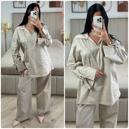 Two-Pieces Set V Neck Slit Sleeve Tie Detail + Wide Leg