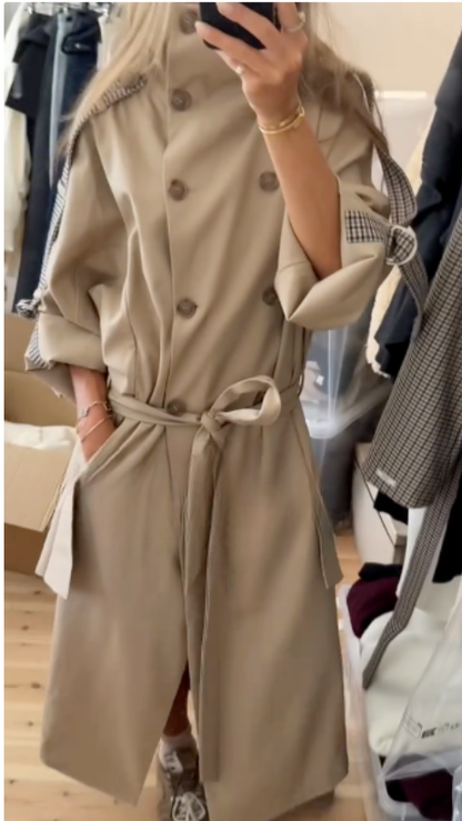 Beige Double - Breasted Trench Coat with Plaid Cuff Detail
