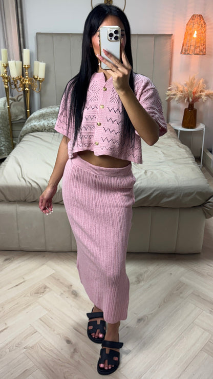 Summer Knit Golden Button Crop Top + Skirt