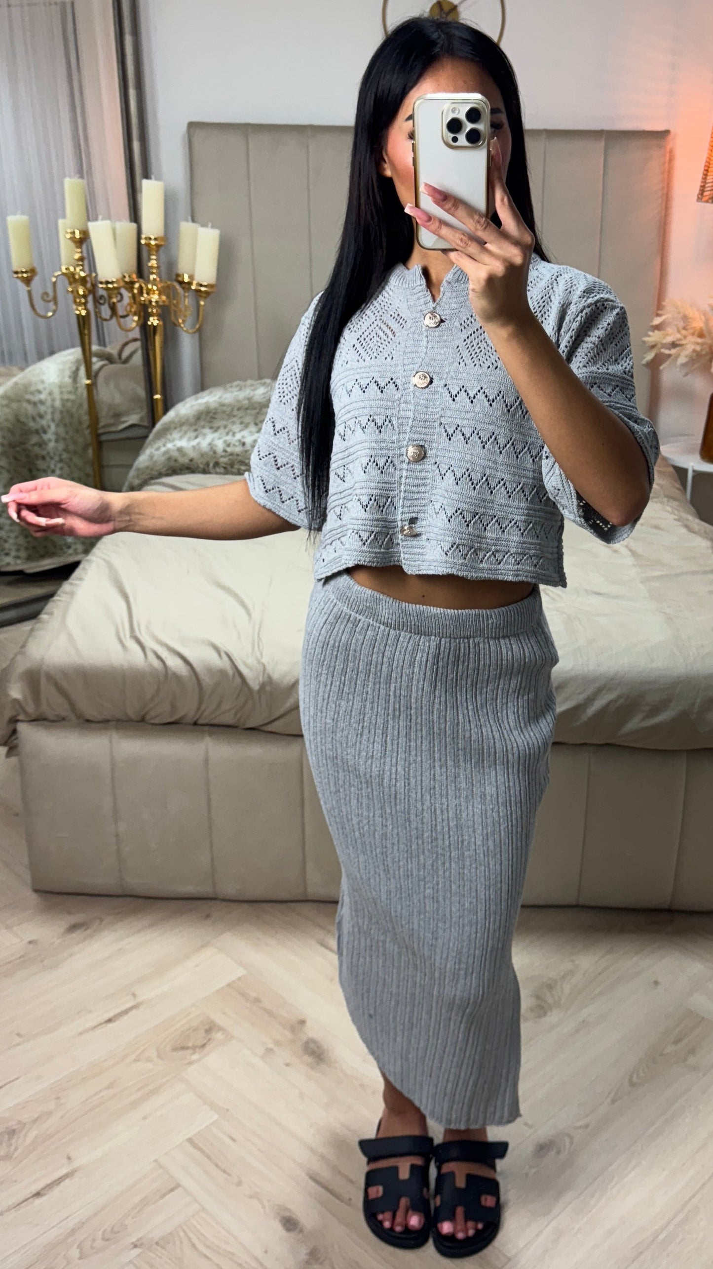 Summer Knit Golden Button Crop Top + Skirt