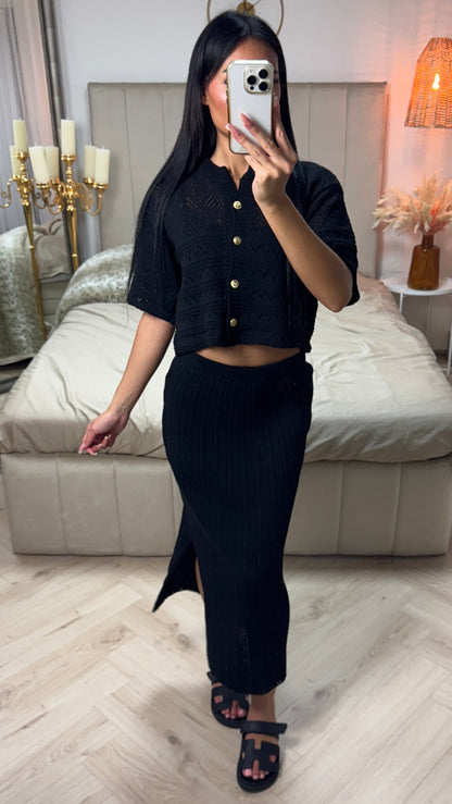 Summer Knit Golden Button Crop Top + Skirt