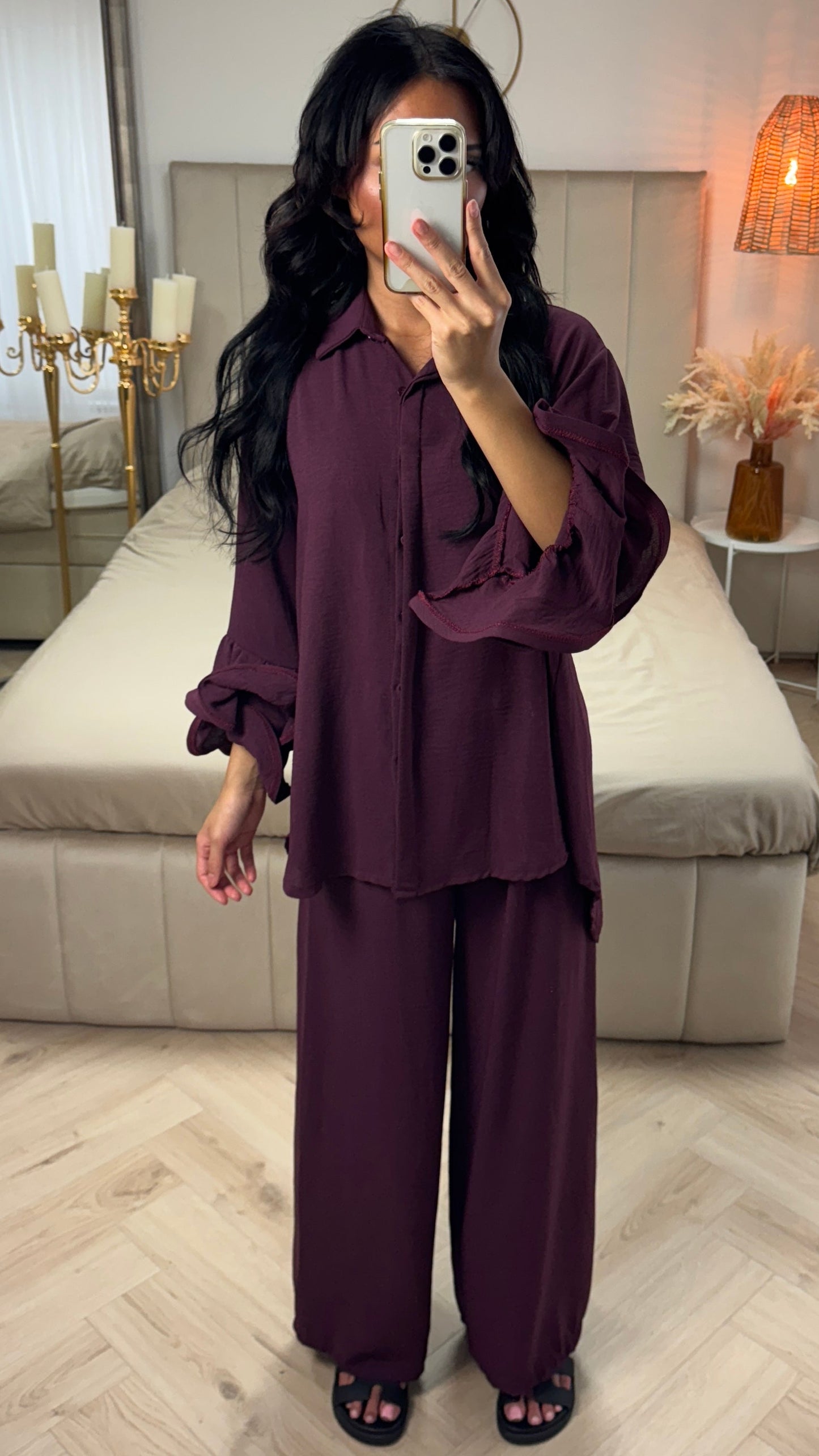 Oversized Blouse Set Ruffle Sleeves Detail