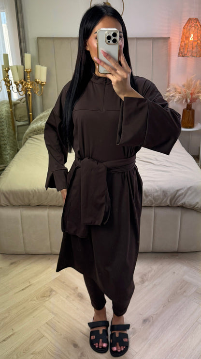 Zipper Essential Long Burkini Split Sleeve Detail + Hijab -Tie Belt