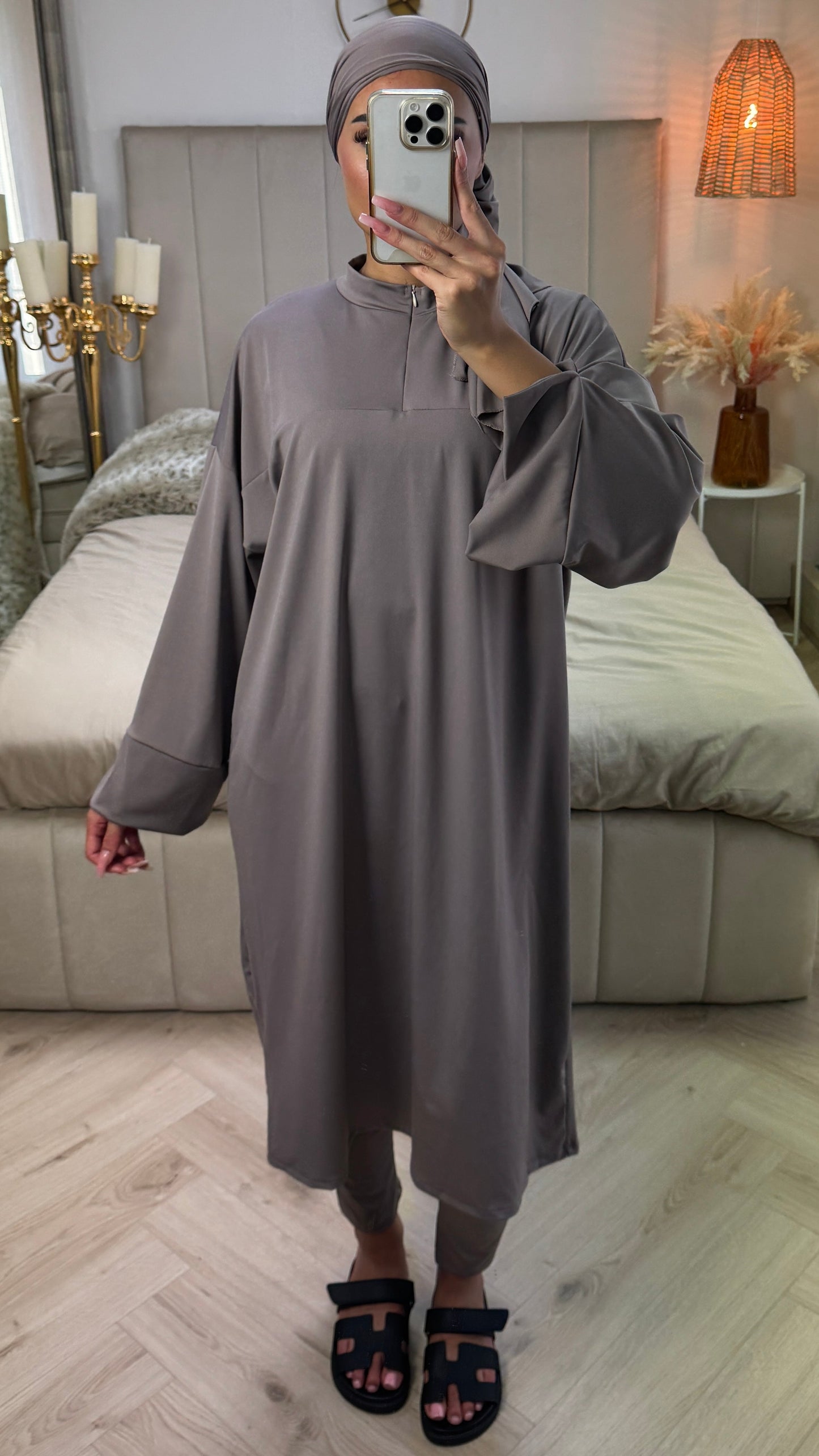 Zipper Essential Long Burkini Split Sleeve Detail + Hijab -Tie Belt