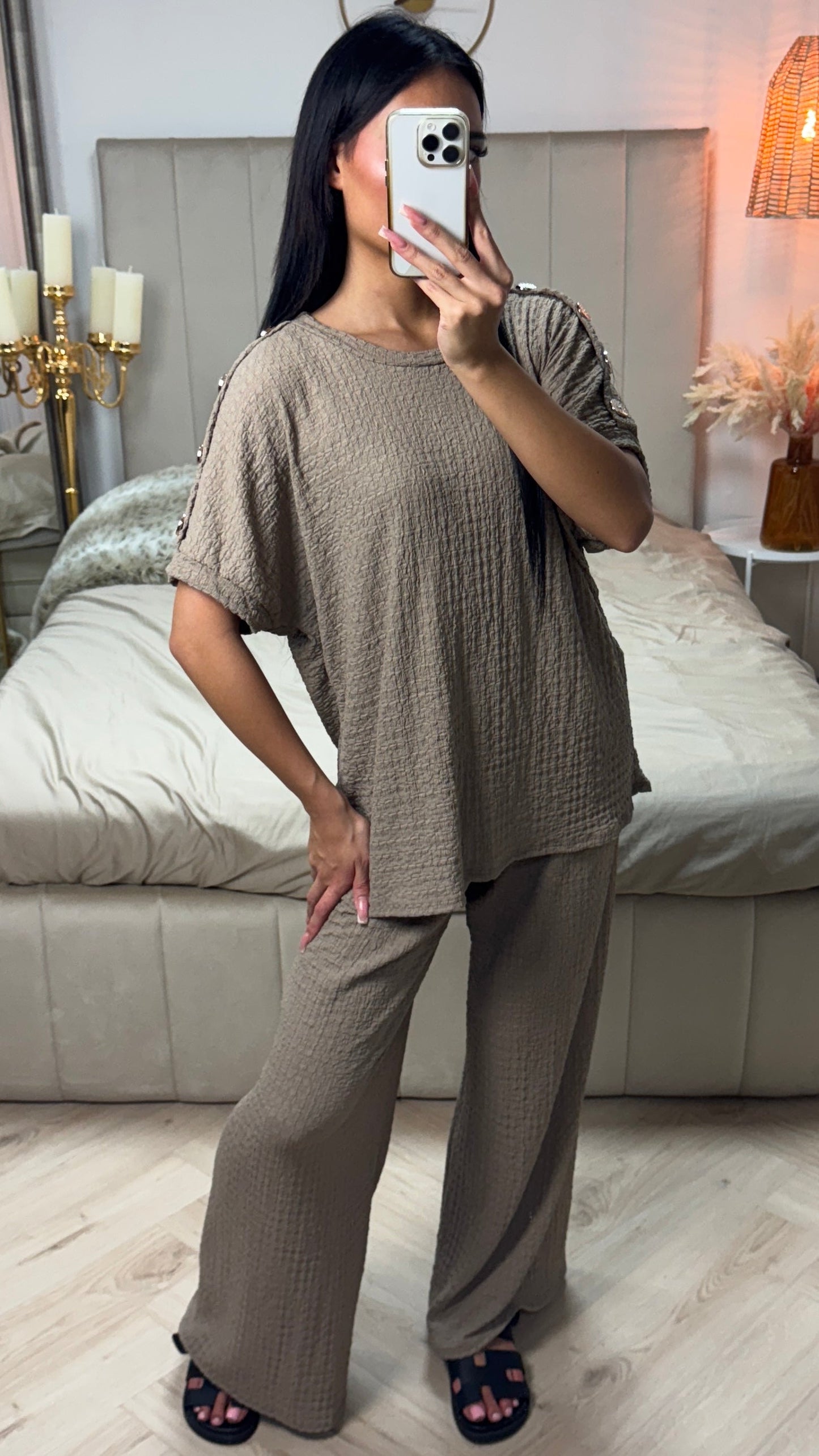 Textured Oversized Viscose Set with Golden Buttons