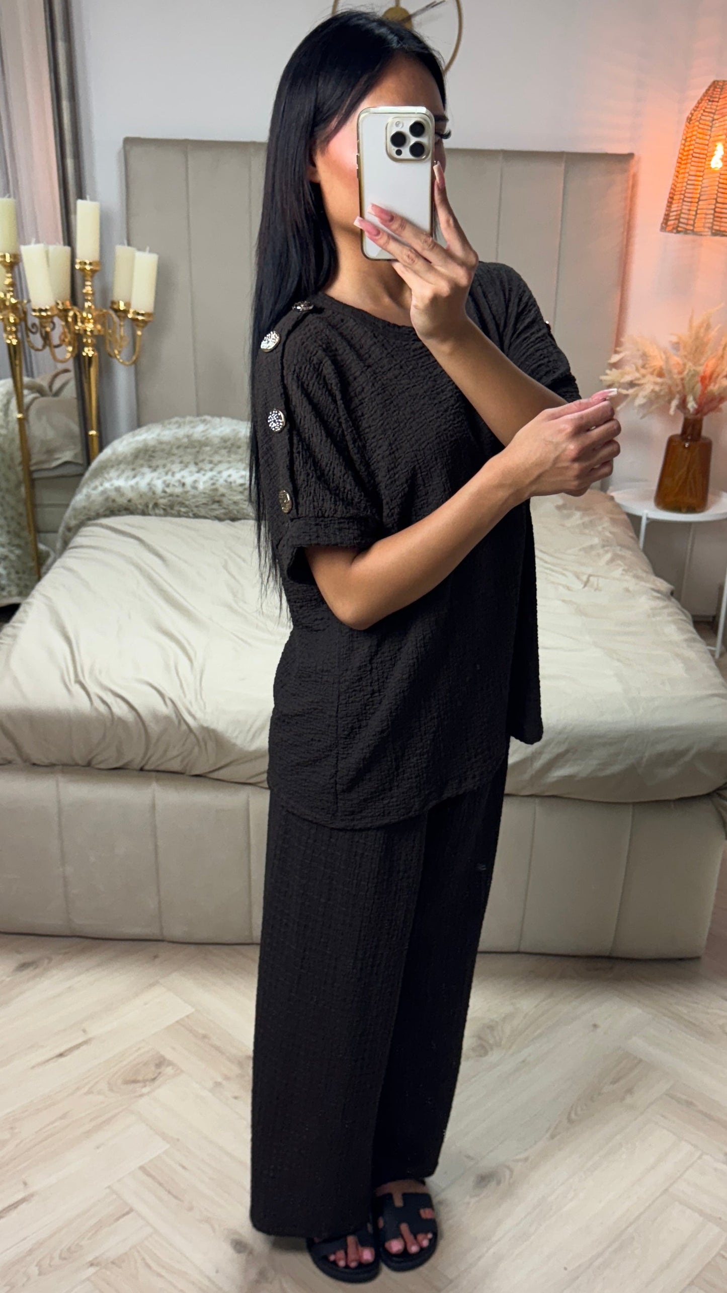 Textured Oversized Viscose Set with Golden Buttons