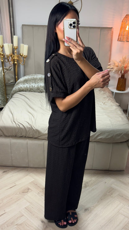 Textured Oversized Viscose Set with Golden Buttons