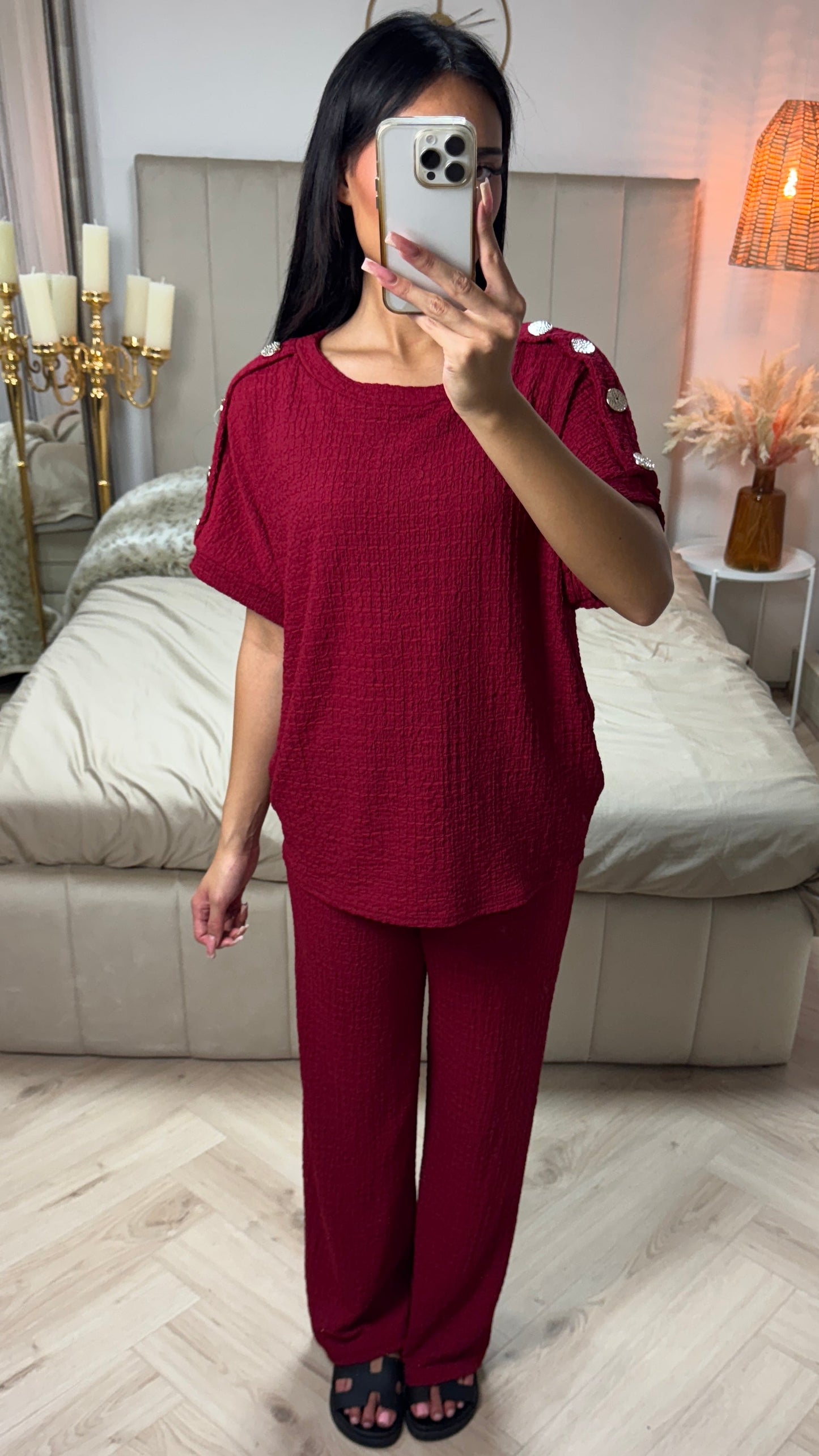 Textured Oversized Viscose Set with Golden Buttons