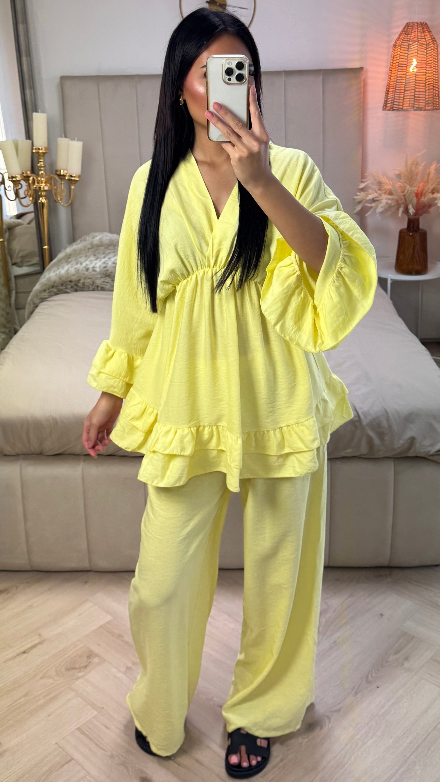 Oversized V Neck Set with Ruffle Details