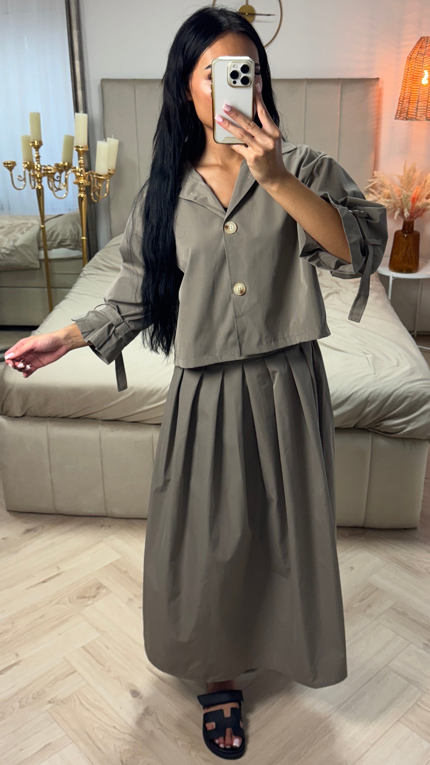 Cropped Set with Pleated Skirt & Tie Detail Sleeves