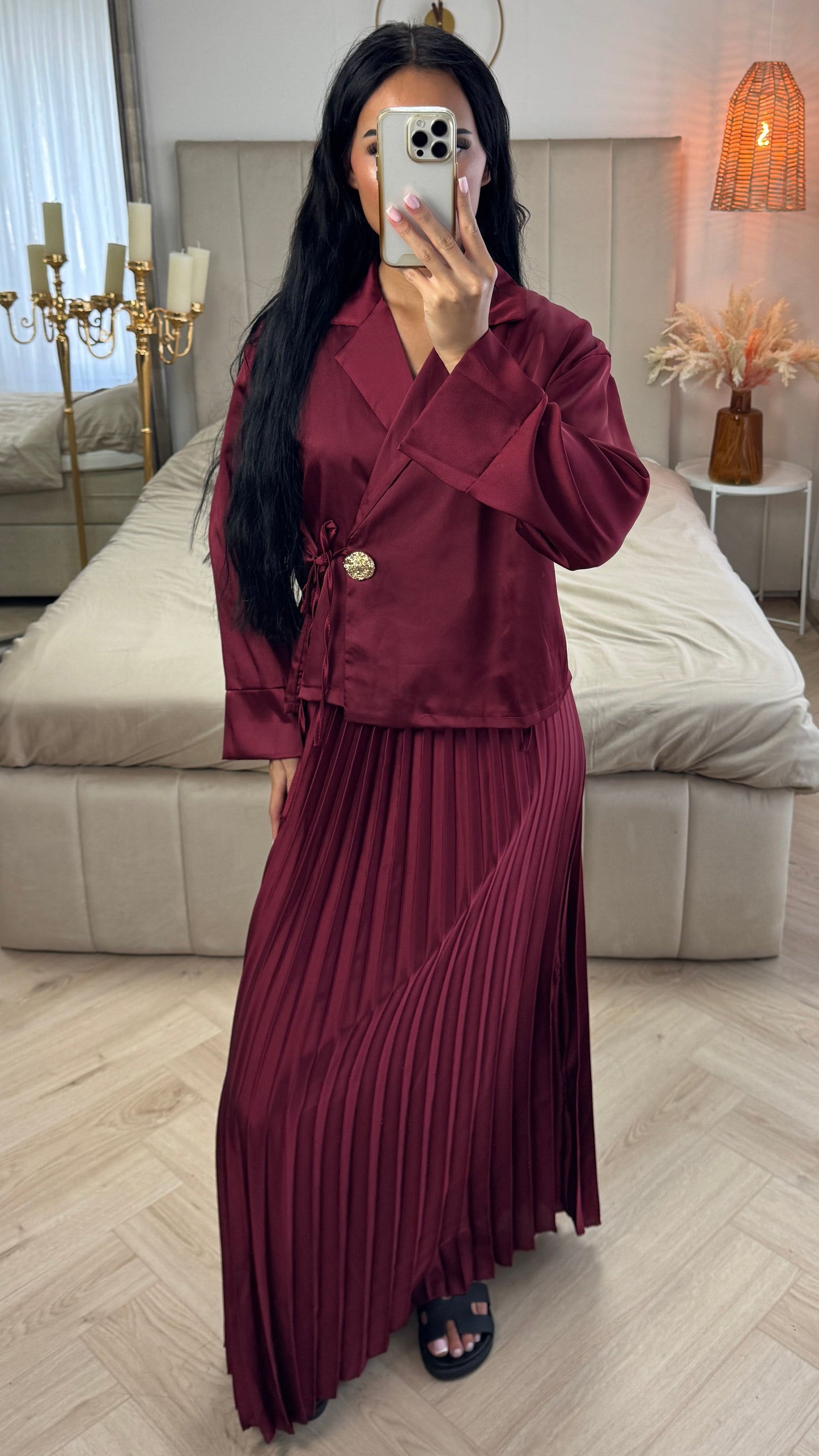 Two-Piece Satin-Look Set with Pleated Skirt and Gold Button Closure