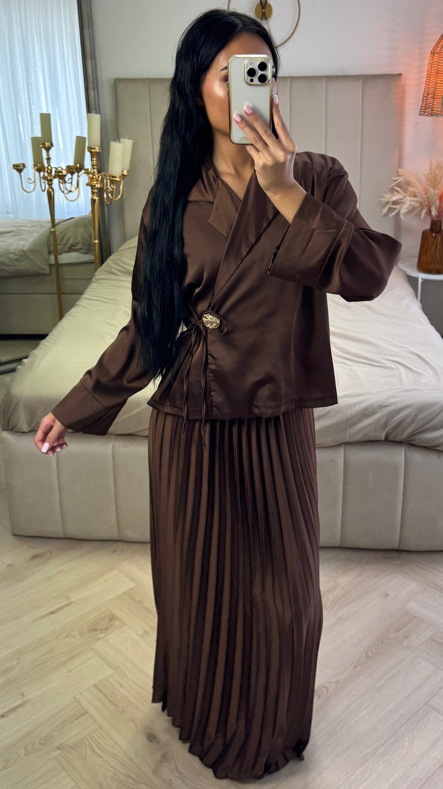 Two-Piece Satin-Look Set with Pleated Skirt and Gold Button Closure