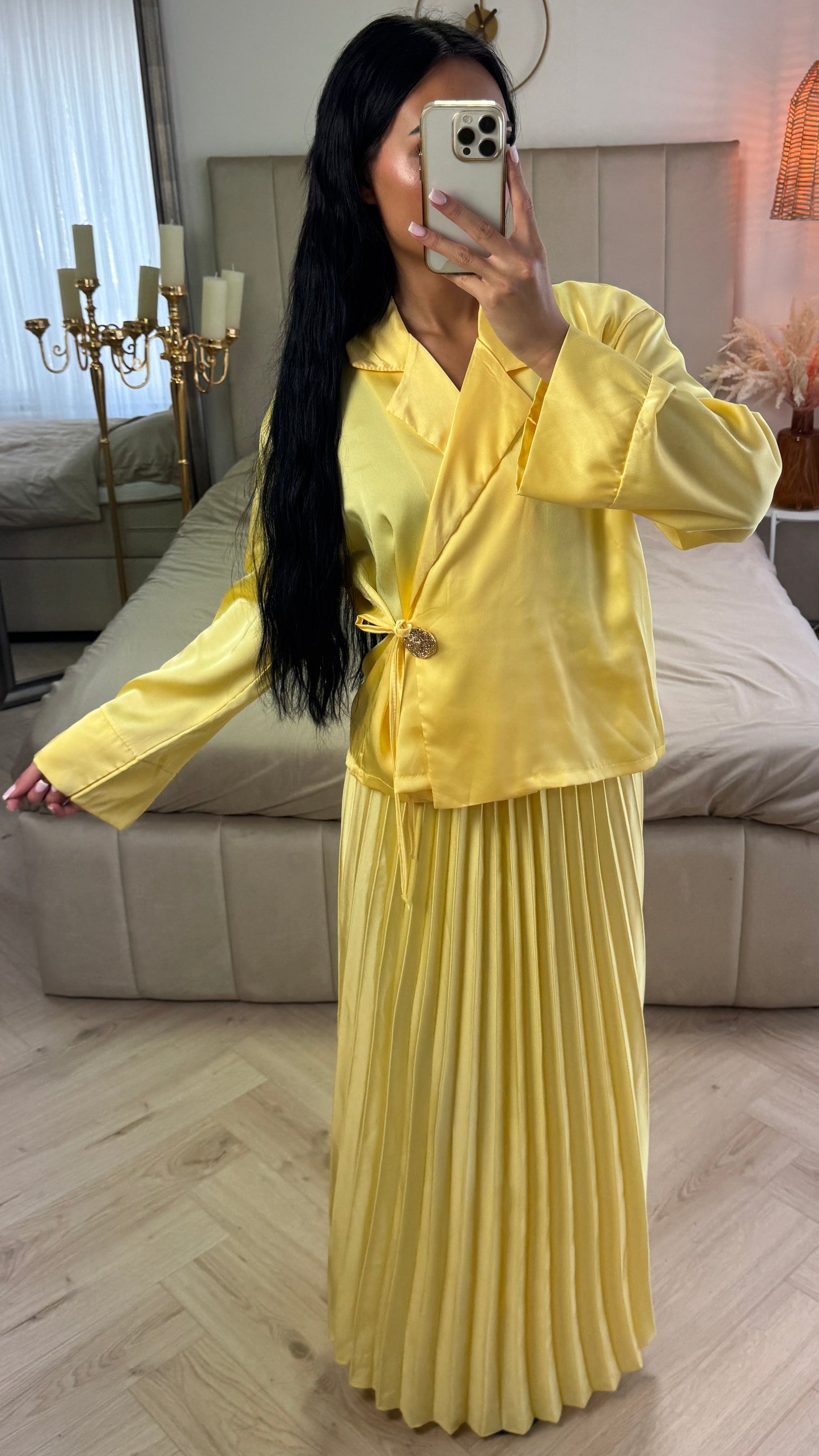 Two-Piece Satin-Look Set with Pleated Skirt and Gold Button Closure