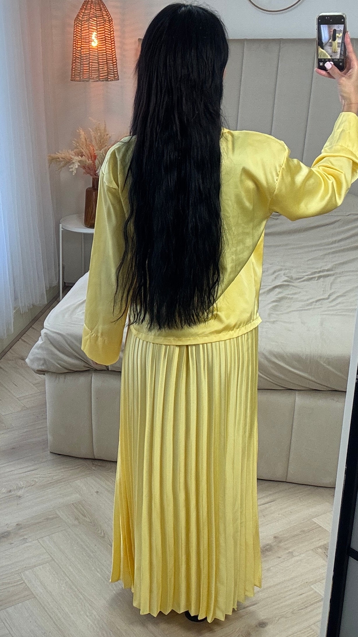 Two-Piece Satin-Look Set with Pleated Skirt and Gold Button Closure