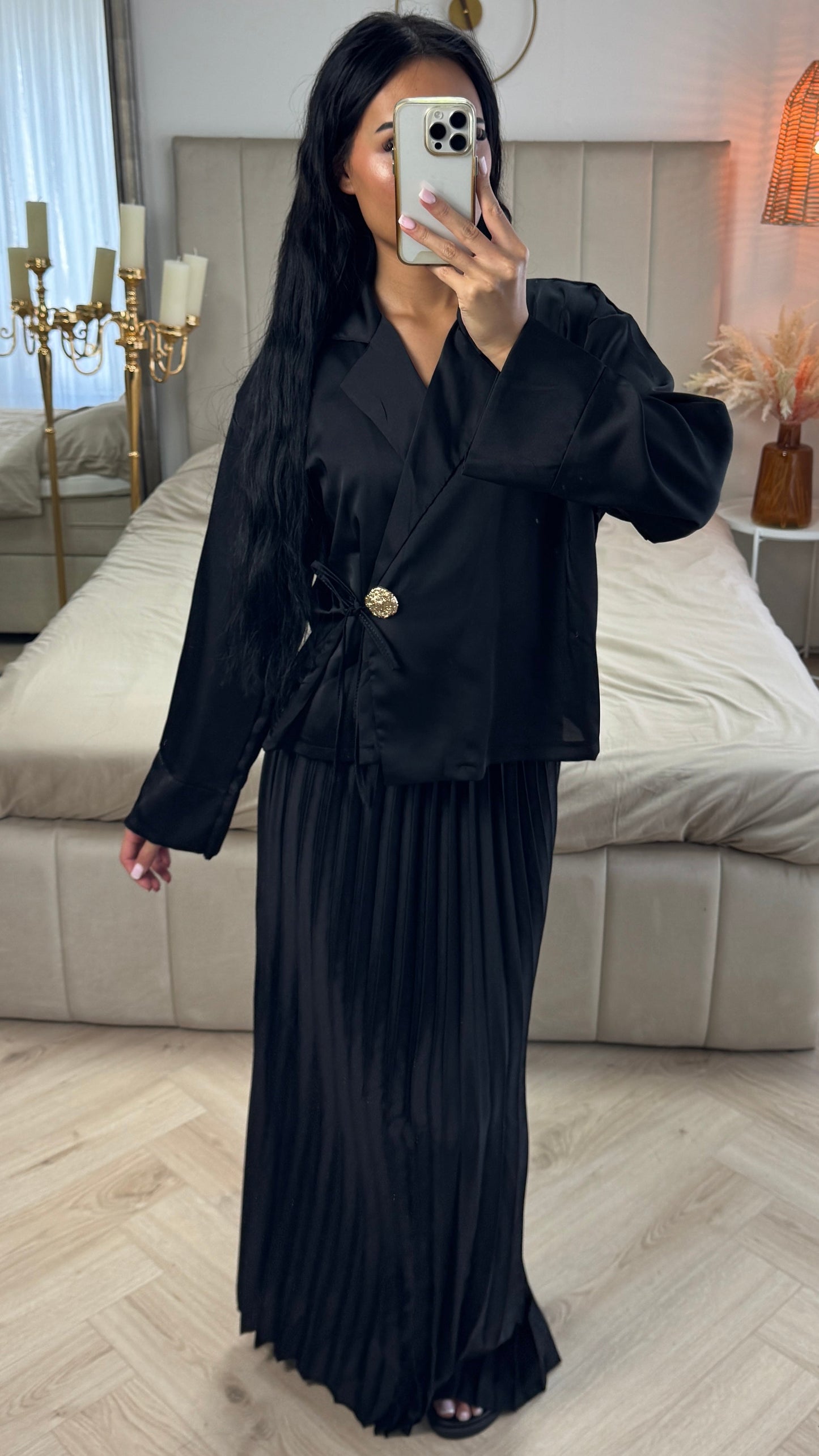 Two-Piece Satin-Look Set with Pleated Skirt and Gold Button Closure