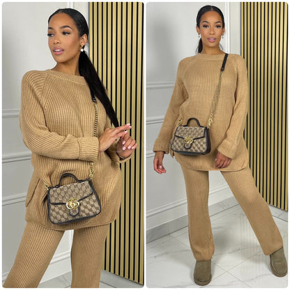 Round Neck Knitwear Wide Leg Basic Set 1501