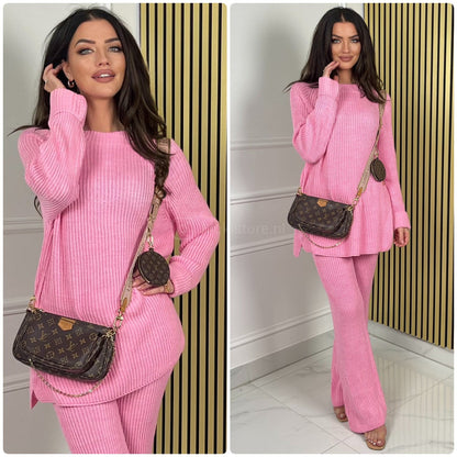 Round Neck Knitwear Wide Leg Basic Set 1501