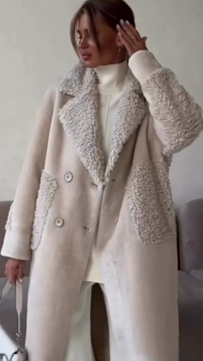 Cream Sherpa Trim Double-Breasted Coat