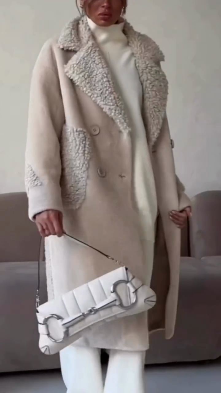 Cream Sherpa Trim Double-Breasted Coat