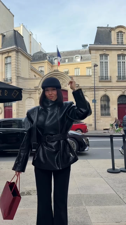 Black slim-fit belted leather jacket