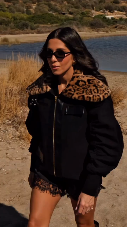 Leopard Print Fur Collar Bomber Jacket