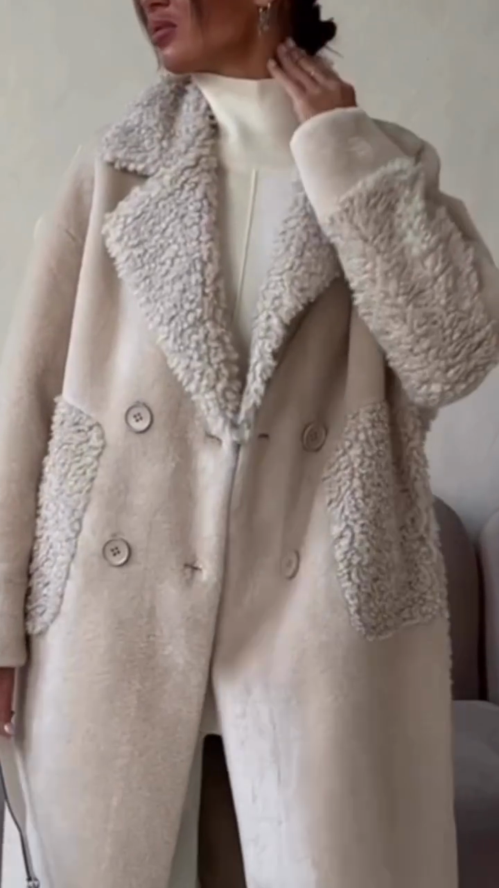 Cream Sherpa Trim Double-Breasted Coat