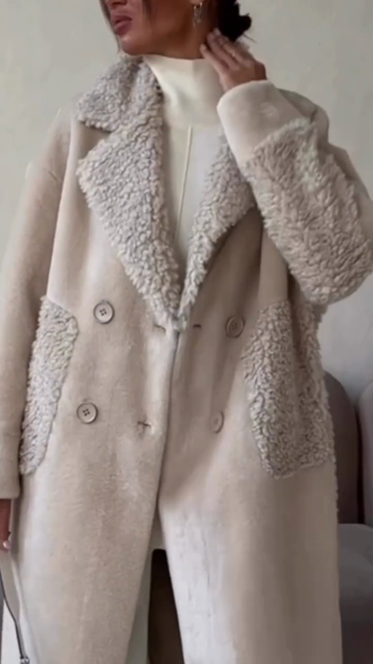 Cream Sherpa Trim Double-Breasted Coat