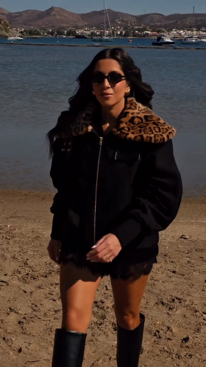 Leopard Print Fur Collar Bomber Jacket