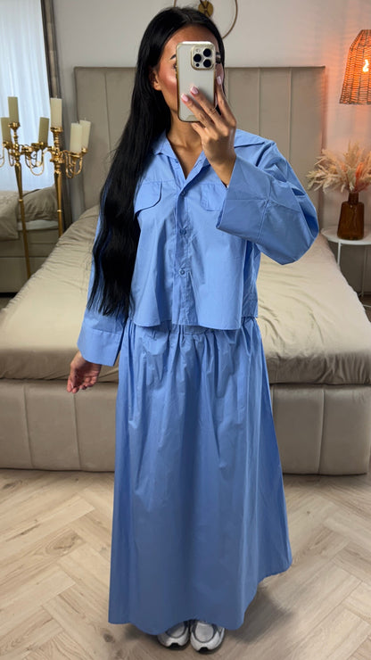 Two-Piece Cotton Set with Chest Pockets and Maxi Skirt