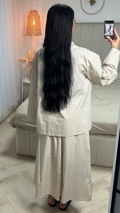 Two-Piece Cotton Set with Maxi Skirt and Loose Blazer