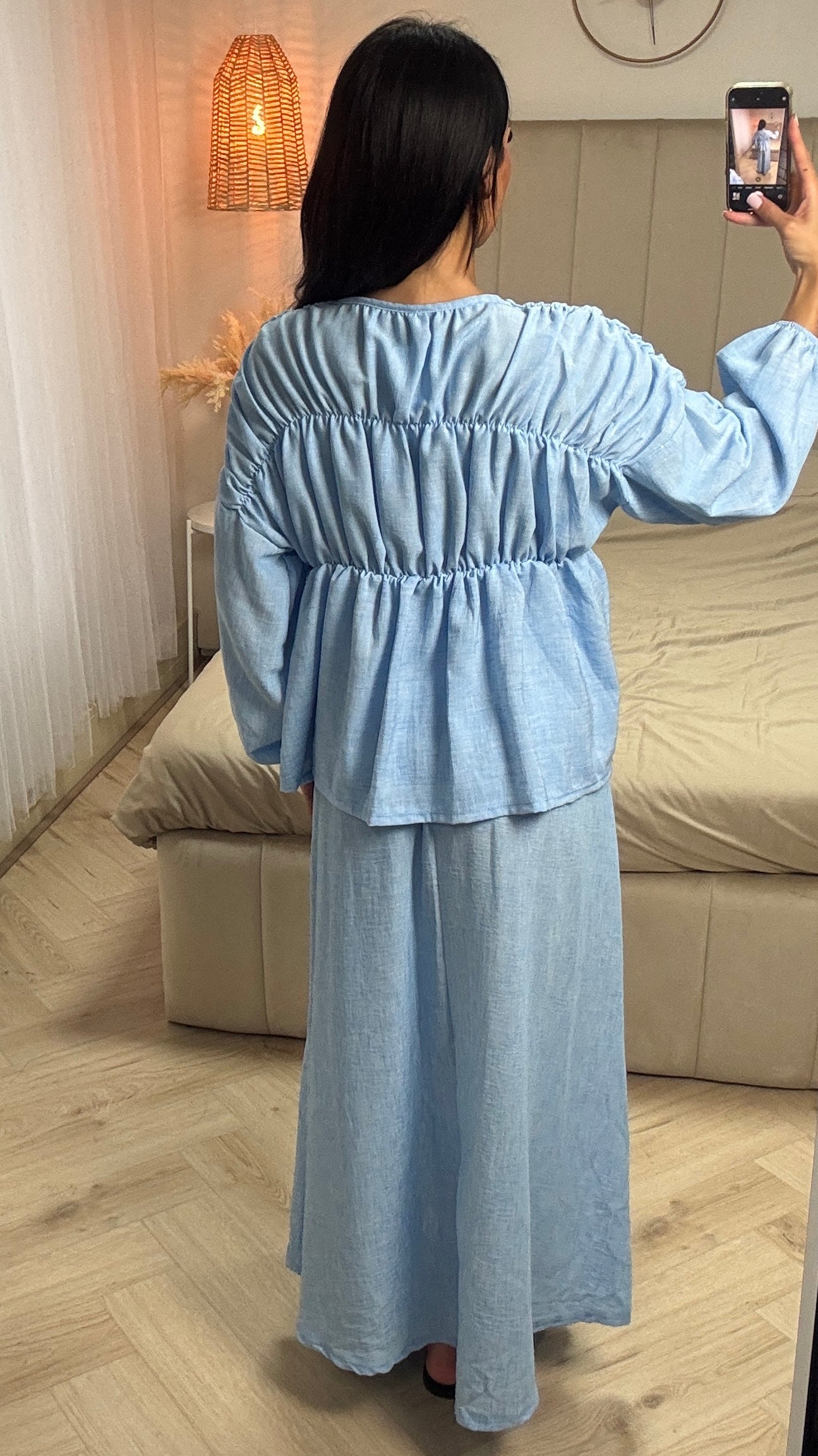 Two-Piece Set with Pleated Blouse and Maxi Skirt