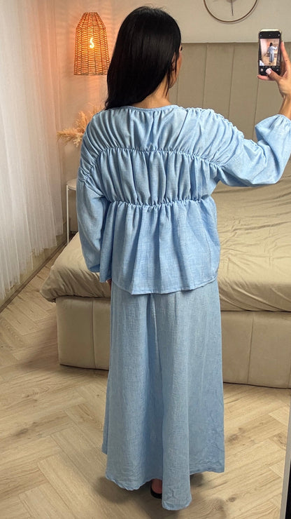 Two-Piece Set with Pleated Blouse and Maxi Skirt