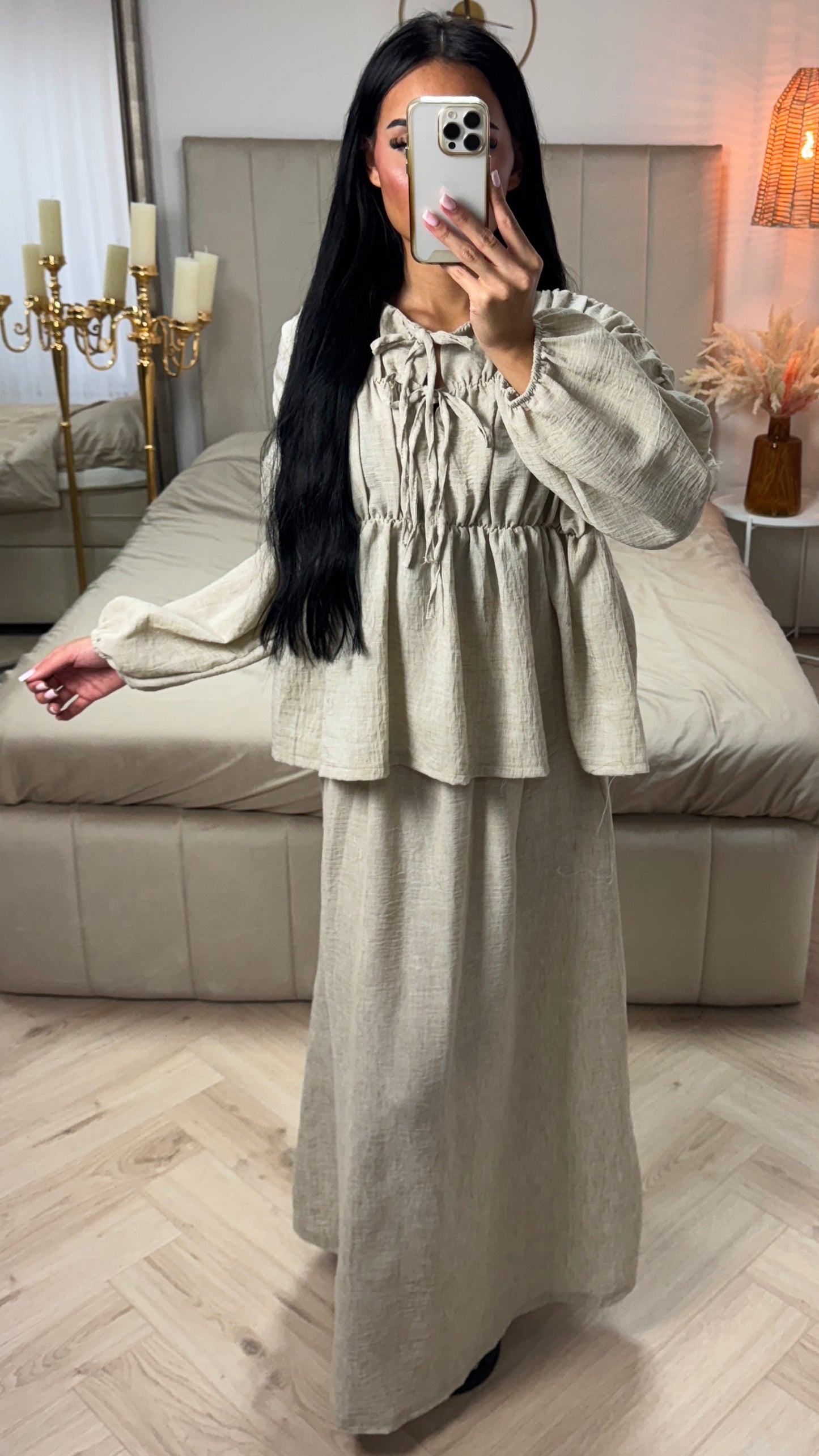 Two-Piece Set with Pleated Blouse and Maxi Skirt