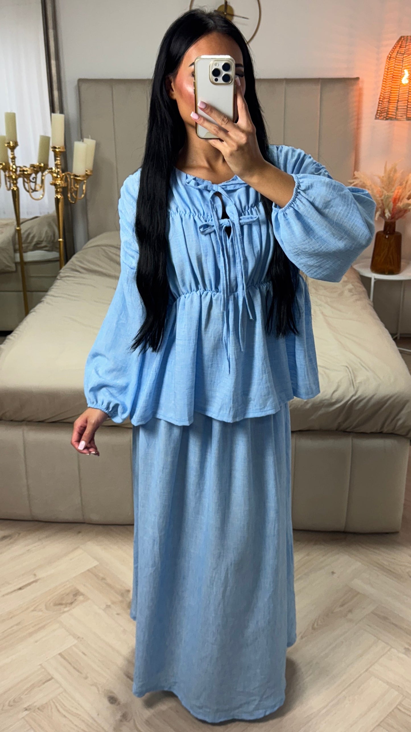 Two-Piece Set with Pleated Blouse and Maxi Skirt