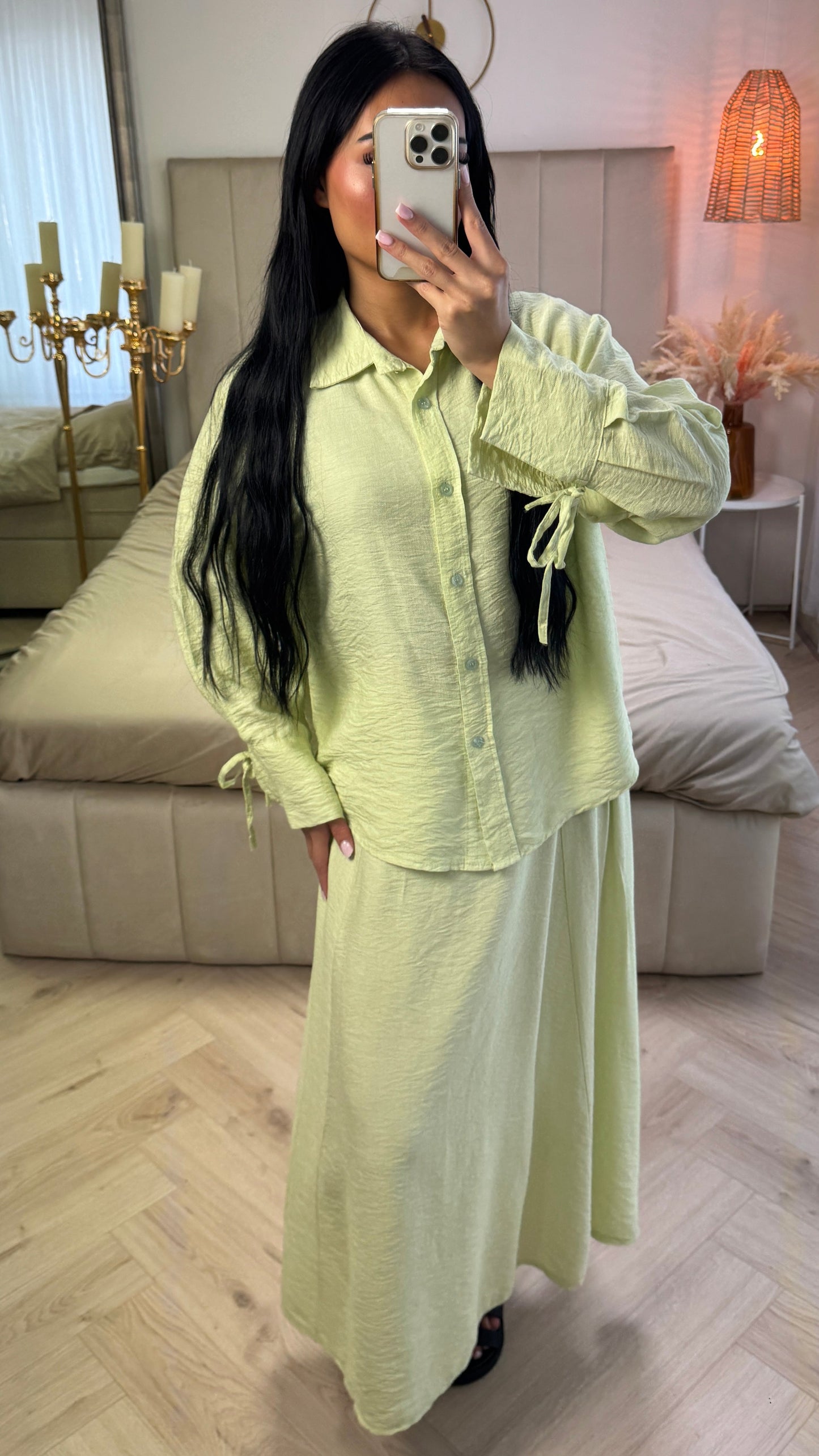 Two-Piece Set with Tie Sleeves and A-Line Skirt – Viscose Blend